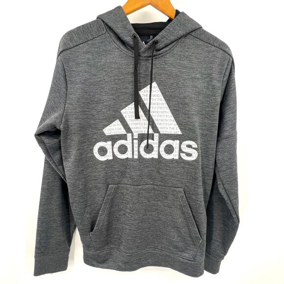 Adidas Sweatshirt Men's S Gray Logo Graphic Print Pullover Hoodie Athleisure - Picture 1 of 7